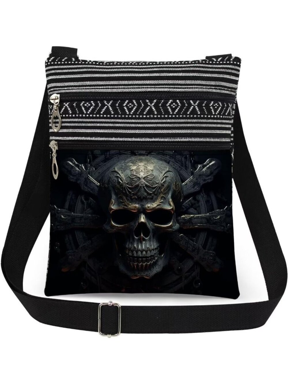 Womens Black Halloween Skull Pouch Adjustable Strap Crossbody Zipper Bag